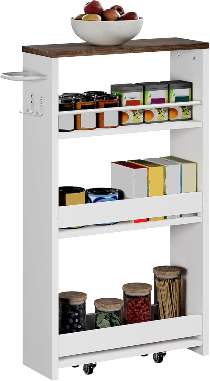 ChooChoo 4-Tier Slim Storage Cart with Handle, 5.51" W Rolling Utility Cart on Universal Wheels, Kitchen Cart Mobile Shelving Organization for Laundry Room, Bathroom & Narrow Place (Walnut & White)