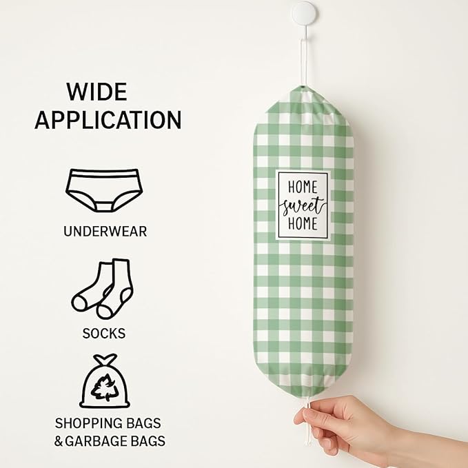 Plastic Bag Holder, Home Sweet Home Plastic Bag Holder for Kitchen Essentials, Green and White Grid Bags Holders for Plastics Bags Groceries Store, Reusable Hanging Trash Sack Dispenser