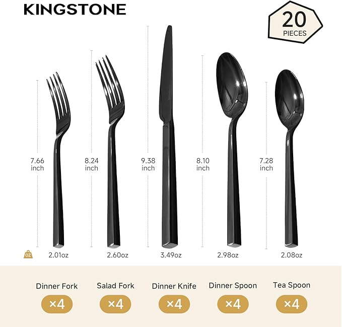 KINGSTONE Black Silverware Set, 20-Piece Flatware Cutlery Set Premium Stainless Steel, Service for 4, for Kitchen, Home, Wedding, Party, Mirror Polished and Dishwasher Safe
