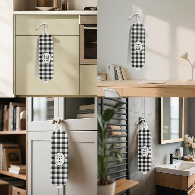 Black White Buffalo Check Plaid Plastic Bag Holder for Kitchen Essentials, Wall Mount Grocery Bag Holder for Plastic Bags, Minimalist Reusable Grocery Bags Storage Dispenser for Home Kitchen
