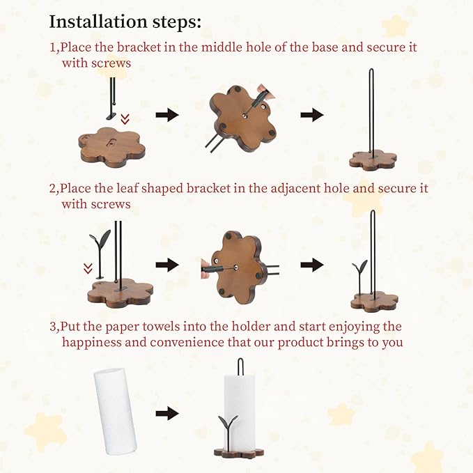 Wooden Paper Towel Holder Countertop,Kitchen Paper Towel Holder with Floral Base & Leaf-Shaped Accent with -Stable & Durable, Anti-Slip, Paper Towel Roll Holder for Farmhouse/Kitchen/Dining Décor