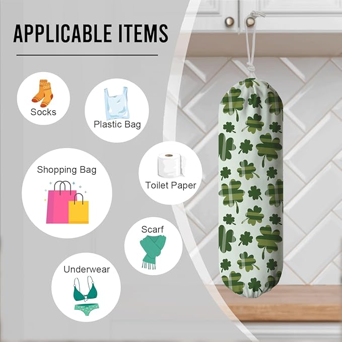Wall Mount Plastic Bag Holder, Reusable Grocery Sack Organizer, Washable Cotton-Linen Storage, St. Patrick’s Day Green Clover with Stripes Design, Hanging Loop for Kitchen Pantry Decor