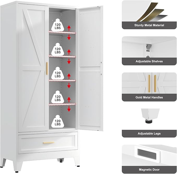 71" Storage Cabinet with Bottom Drawer, Pantry Cabinet in White with 2 Doors & 4 Adjustable Shelves, Freestanding Steel Cupboard for Garage, Home Office, Kitchen, Heavy-Duty Storage