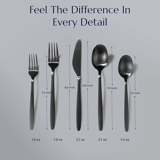 JazzUpCo Tia Flatware non toxic 18/10 stainless steel dishwasher safe (Matte Black, 12 Person Set (60 Pieces))