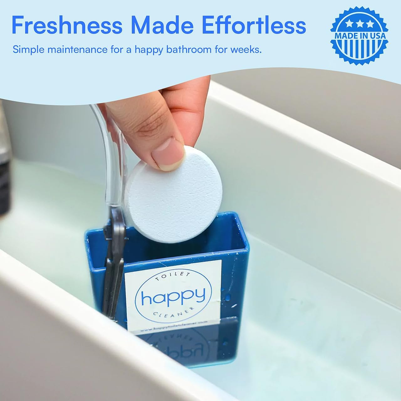 Happy Toilet Cleaner – Self-Cleaning Toilet System | Easy Install Toilet Tablet Holder for a Deep Clean with Every Flush | Made in the USA