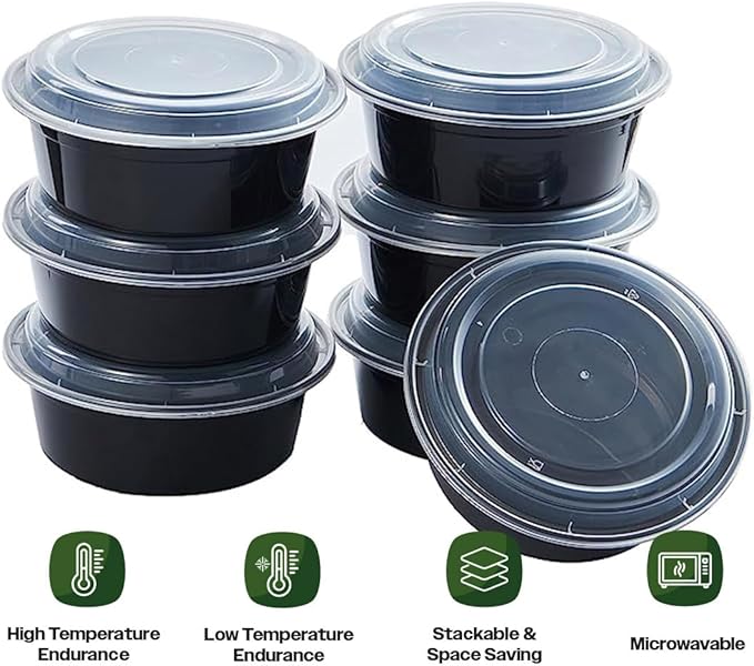 CIAO! Heavy Weight 32oz Injection Molded Microwavable Black Round Food Container with Lid (150/case)