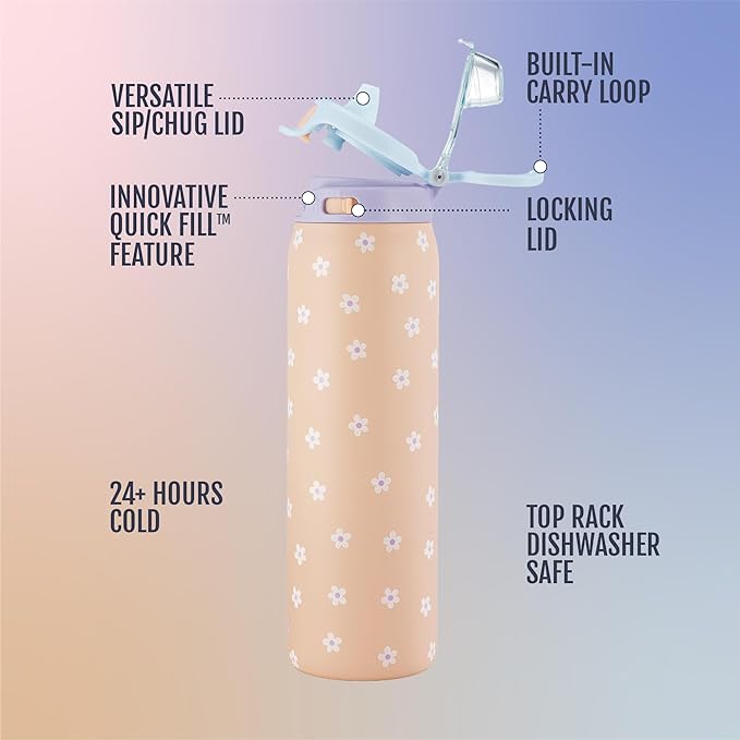 Ello Pop & Fill Stainless Steel Water Bottle with Quick Fill Technology, Double Walled Vacuum Insulated Metal, Leak Proof Locking Lid, Sip & Chug, BPA Free, Holiday Gift for Him Her, 22oz, 32oz, 40oz