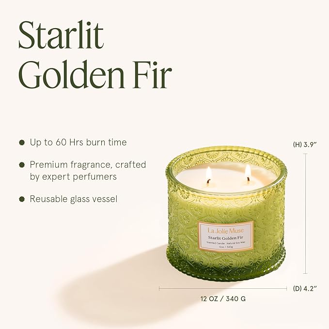 LA JOLIE MUSE Starlit Golden Fir Candle - Cedarwood, Patchouli, Fir Balsam | 12 oz Large 2-Wick Soy Wax Candle | 60 Hours Clean Burn | Balsam and Fir Candle | Gift-Ready for Hosts & Gatherings