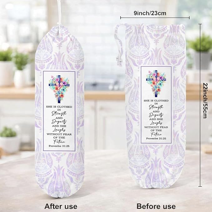 Plastic Bag Holder, Proverbs 31:25 Plastic Bag Holder, Reusable Trash Bags Dispenser, Christian Kitchen Gifts for Women Inspirational Plastics Bags Holders with Bible Verse