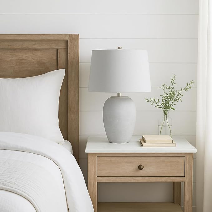 Nourison Home 23" Vintage Grey (White Washed) Ceramic Pot Table Lamp for Bedroom, Living Room, Dining, Office, with Grey Shade