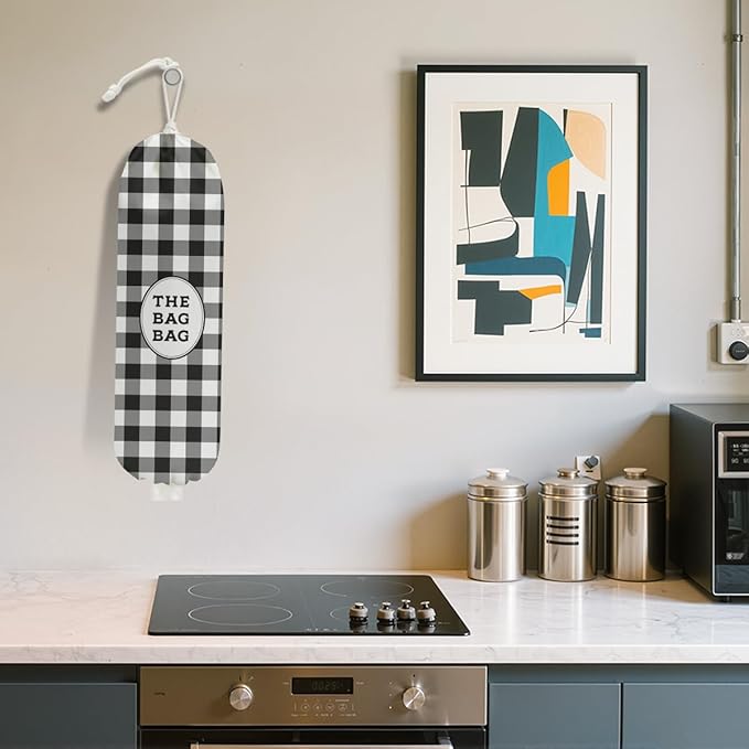 Black White Buffalo Check Plaid Plastic Bag Holder for Kitchen Essentials, Wall Mount Grocery Bag Holder for Plastic Bags, Minimalist Reusable Grocery Bags Storage Dispenser for Home Kitchen