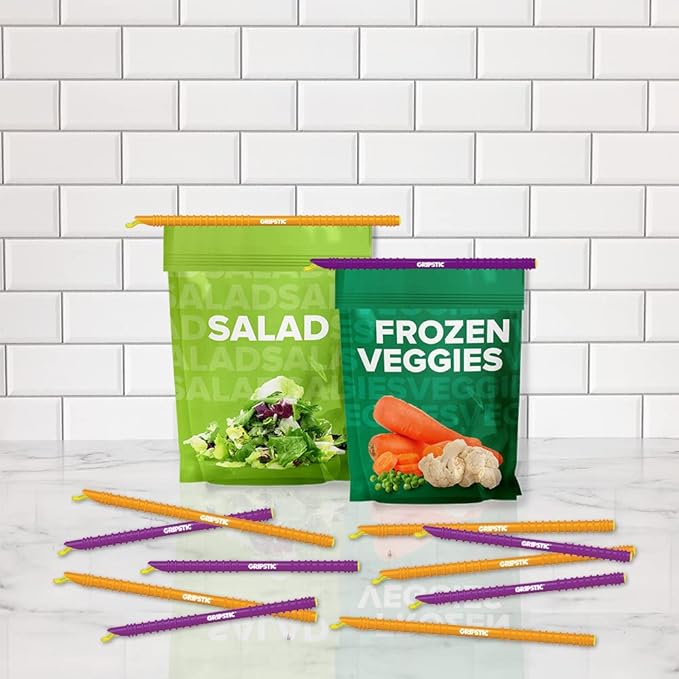 GripStic Bag Sealer – 12-Pack Medium Reusable Bag Clips, Original Airtight & Waterproof Seal for Food Storage, Chips & Kids Snacks