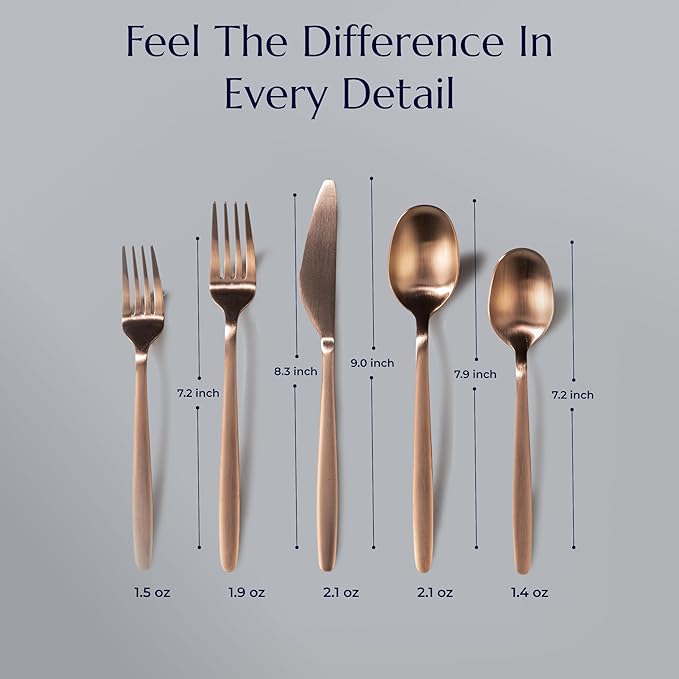 JazzUpCo Tia Flatware non toxic 18/10 stainless steel dishwasher safe (Matte Rose Gold, 12 Person Set (60 Pieces))