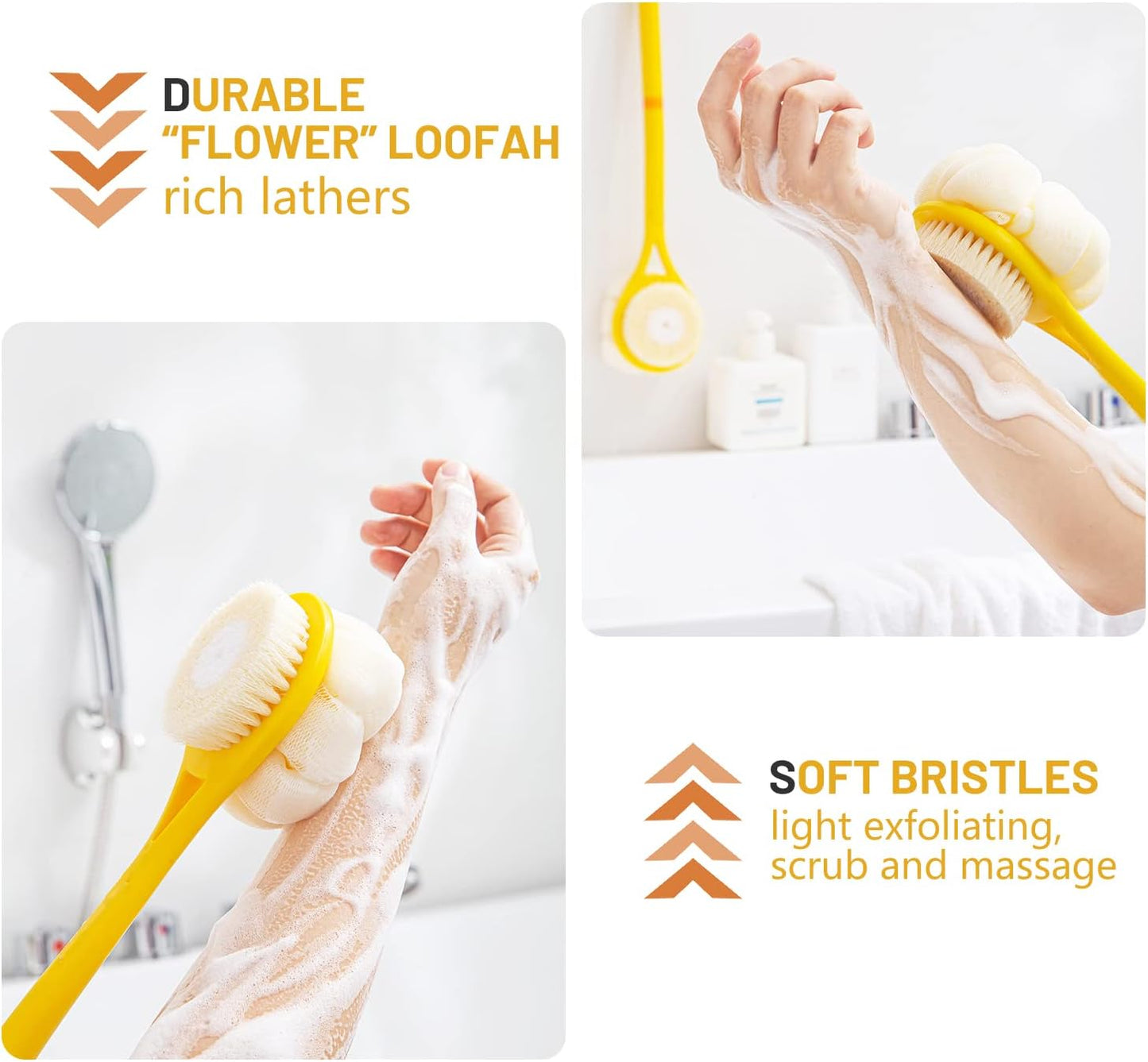 Shower Body Brush,Soft Bristles and Beautiful Pumpkin Loofah 14" Long Handle Back Scrubber Bath Mesh Sponge for Skin Exfoliating Bath,Massage Bristles Suitable for Wet or Dry,Men and Women (Yellow)