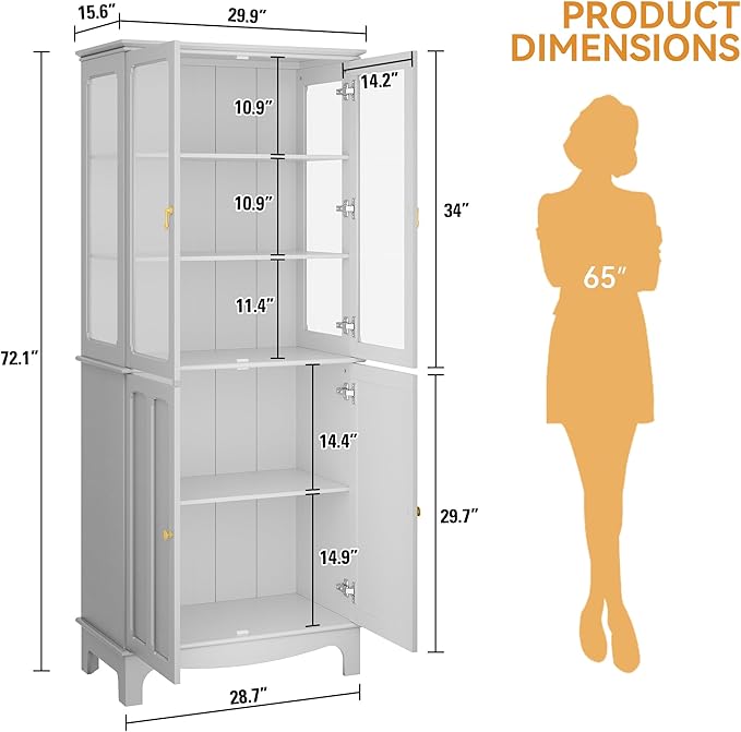 72" Tall Kitchen Pantry Cabinet with Glass Door and Adjustable Shelves, Vintage Food Storage Cabinet for Kitchen, Dining Room, Living Room, White