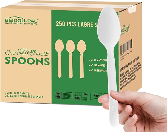 250 Count Compostable Disposable Non Plastic Spoons, Large Heavy Duty Biodegradable Utensils, Eco Friendly Durable Sturdy Recyclable Spoons Flatware Silverware for Party Wedding Daily Use