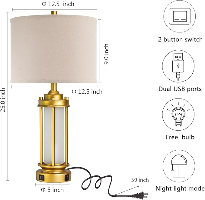 AIEAMPDO Set of 2 Modern Table Lamps for Living Room, Farmhouse Vintage Bedside Lamp with 2 USB Ports Glass Nightlight, Gold Nightstand Desk Lamps for Entryway Bedroom Dresser, 4 Bulbs Included