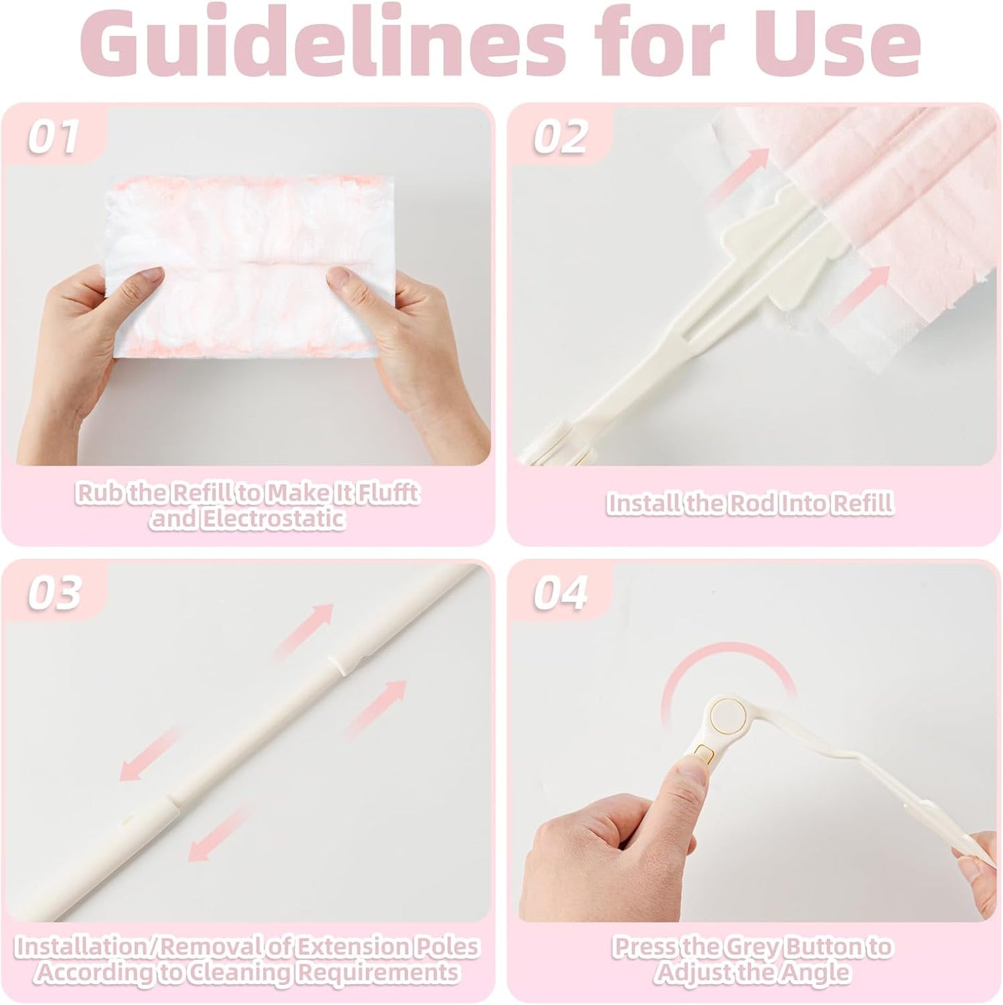 52 Count Disposable Duster Refills for Cleaning, 180° Dusters Refills Compatible with Swiffer (Pink, 50 Count Dust Removal Brushes + 1 Standard Handle + 1 Extended Handle)