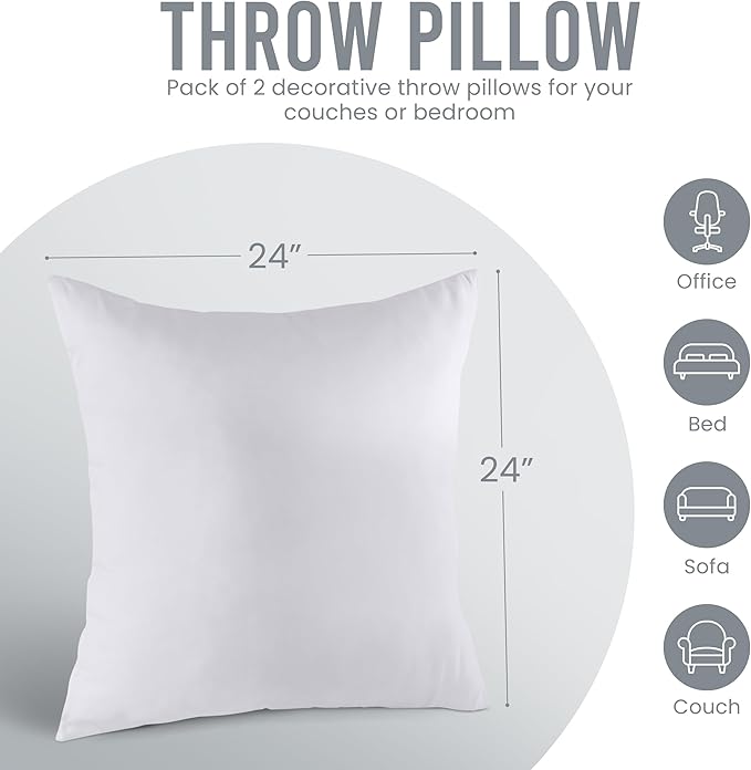 Utopia Bedding Throw Pillows Insert (Pack of 2, White) - 24 x 24 Inches Bed and Couch Pillows - Indoor Decorative Pillow