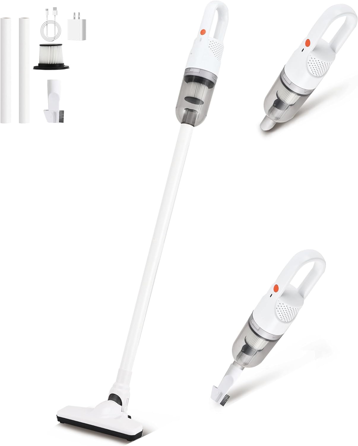 6-in-1 Lightweight Stick Vacuum Cleaner with 100W Powerful Motor, Mini Portable Household Handheld Vacuum Cleaner for Domestic Hard Floors, Carpets and Pet Hair (White Cordless with Plug)