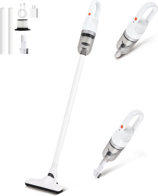 6-in-1 Lightweight Stick Vacuum Cleaner with 100W Powerful Motor, Mini Portable Household Handheld Vacuum Cleaner for Domestic Hard Floors, Carpets and Pet Hair (White Cordless with Plug)