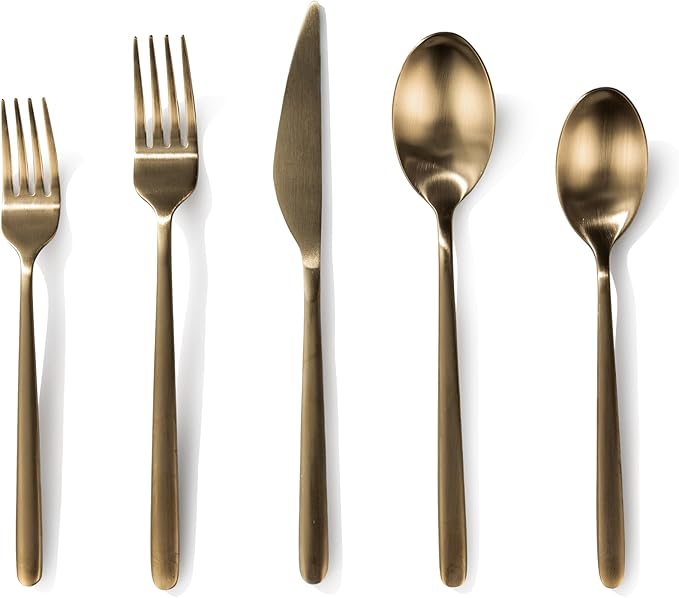 JazzUpCo Haelynn 2.0 Flatware non toxic 18/10 stainless steel dishwasher safe (Matte Gold, 8 Person Set (40 Pieces))