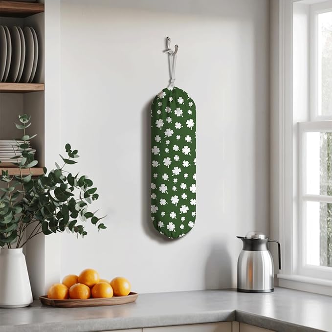 Wall Mount Plastic Bag Holder, Reusable Grocery Sack Organizer, Washable Cotton-Linen Storage, St. Patrick’s Day White Shamrock & Clover Design, Hanging Loop for Kitchen Pantry Decor