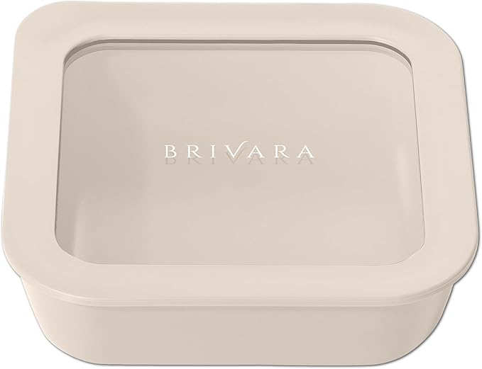 Ceramic Coated Glass Food Storage Container | No PTFE, PFOA, PFAS, and BPA | Reusable Non Toxic Meal Prep Container with Glass Lid | Easy To Store | 2.5 Cup Square [Crema]