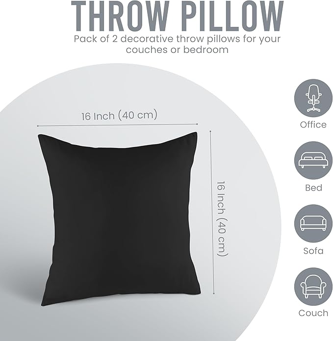 Utopia Bedding 16x16 Pillow Inserts, Set of 2, Black – Indoor Decorative Throw Pillows for Bed, Sofa & Couch – Soft, Supportive & Fluffy Cushion Inserts