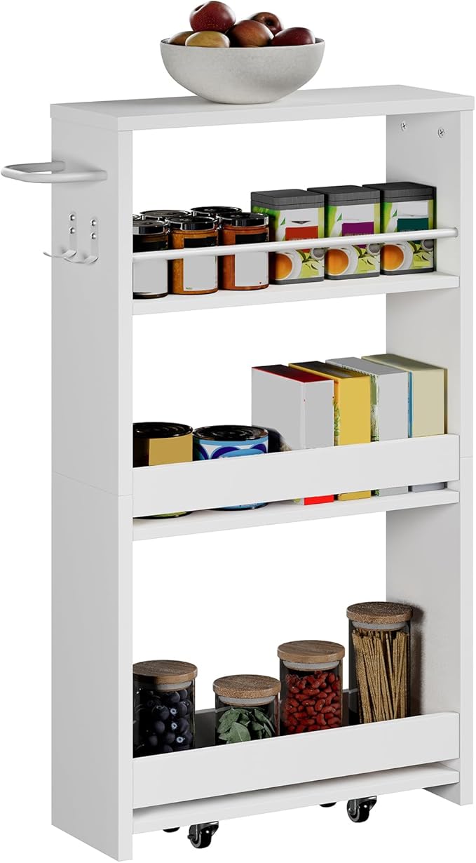 ChooChoo 4-Tier Slim Storage Cart with Handle, 5.51" W Rolling Utility Cart on Universal Wheels, Kitchen Cart Mobile Shelving Organization for Laundry Room, Bathroom & Narrow Places, White
