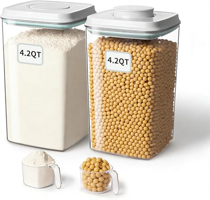 Airtight Food Storage Containers Set with One-Touch Lid, 2-Pack (4.22 QT / 4.0 L) Tall Stackable Durable PET for Bulk Rice, Flour & Baking Essentials Organizer.