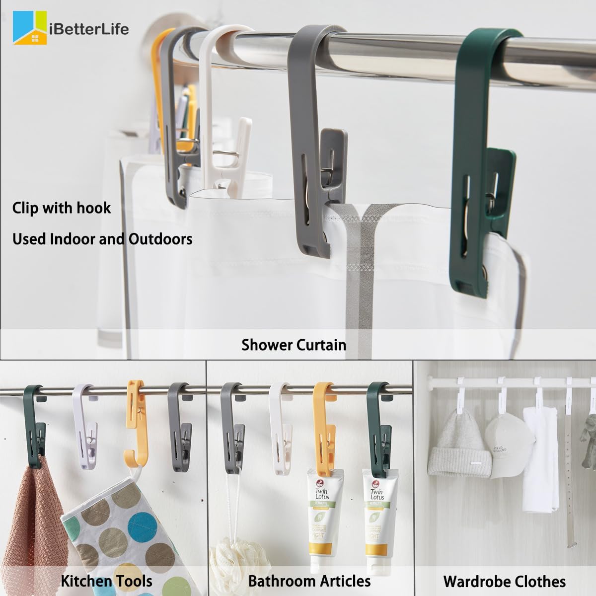 iBetterLife 4Pcs Laundry Hooks Clips Hanger - Laundry Clips with Hooks Heavy Duty Closet Organizer Clothes Pins Hanging Towel Clamps for Socks, Boot, Bras for Bathroom Wardrobe Kitchen