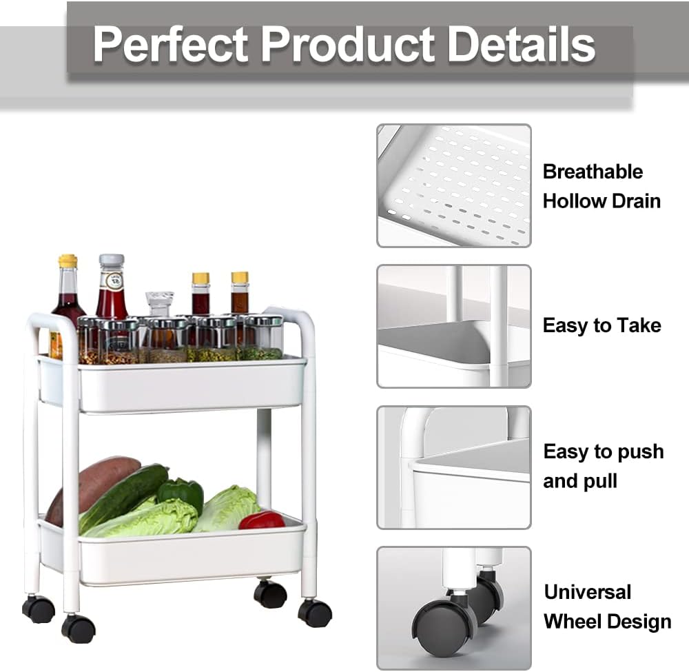 Melody House 2-Tier Utility Rolling Cart Storage Organizer Sofa Side Table with Wheels, Under Desk Mobile Trolley Organizer with Handle for Office Home Kitchen Organization, White