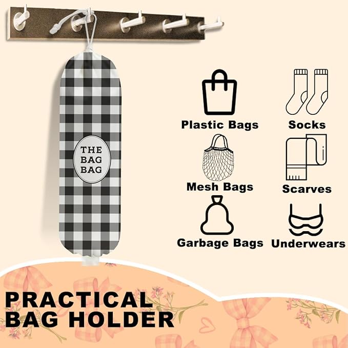 Black White Buffalo Check Plaid Plastic Bag Holder for Kitchen Essentials, Wall Mount Grocery Bag Holder for Plastic Bags, Minimalist Reusable Grocery Bags Storage Dispenser for Home Kitchen