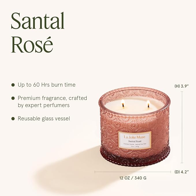 LA JOLIE MUSE Santal Rosé Candle - Saffron, Rose, Patchouli | 12 oz Large 2-Wick Soy Wax Candle | 60 Hours Clean Burn | Valentines Day Gifts for Her | Elegant Home Décor