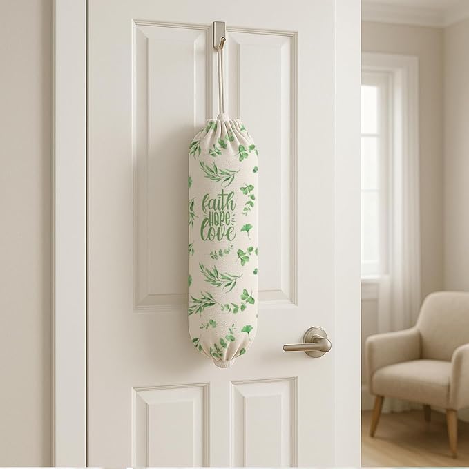 Plastic Bag Holder, Faith Hope Love Plastic Bag Holder for Kitchen Essentials, Leaf Trash Sack Storage Dispenser for Home Decor, Kitchen Gifts to Women Family Friends Grandma Mom