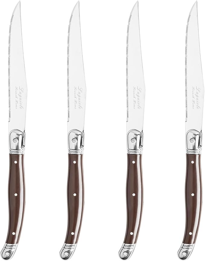 French Home Laguiole 4-Piece Steak Knife Set – Sophisticated Stainless Steel Dinner Knives with Chocolate Brown Handles & Iconic Bee Emblem – Serrated Knives for Smooth Cutting (9.25")