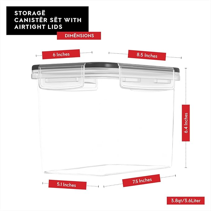 DWËLLZA KITCHEN Flour Sugar Storage Containers Set of 4; 3.6L Plastic Airtight Food Storage Containers with Lids for Kitchen Pantry Organization and Storage - Dry Food Containers, Labels & Marker