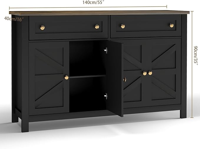 Farmhouse Kitchen Cabinet with Drawers, Rustic Sideboard Buffet Cabinet with Shelves and 4 Doors, Coffee Bar Cabinet, Storage Cabinet for Entryway Living Room Kitchen,Black