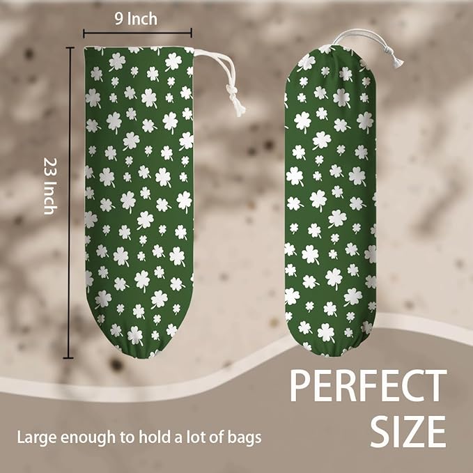 Wall Mount Plastic Bag Holder, Reusable Grocery Sack Organizer, Washable Cotton-Linen Storage, St. Patrick’s Day White Shamrock & Clover Design, Hanging Loop for Kitchen Pantry Decor