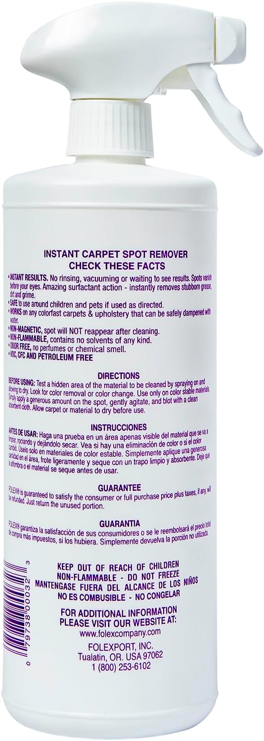 FOLEX Instant Carpet Spot Remover 32 oz – Powerful Stain Remover for Carpets, Upholstery & Rugs – Eliminates Pet Stains, Grease, Red Wine, Food, Makeup & More – With Reusable Cleaning Cloth – 4 Pack