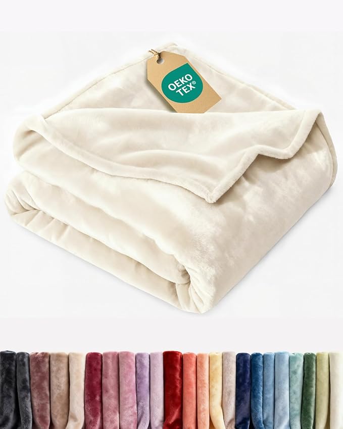 Ultra Soft Fleece Blanket Throw Size - Flannel Fleece Luxury Throw Blanket - Lightweight for Couch Bed Chair - Thick, Warm and Breathable - All Season Cozy Fuzzy, Anti-Static Microplush Bedding, Cream