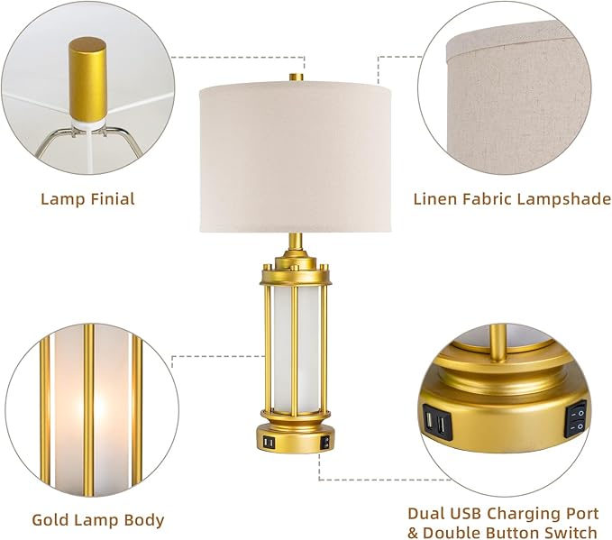 AIEAMPDO Set of 2 Modern Table Lamps for Living Room, Farmhouse Vintage Bedside Lamp with 2 USB Ports Glass Nightlight, Gold Nightstand Desk Lamps for Entryway Bedroom Dresser, 4 Bulbs Included