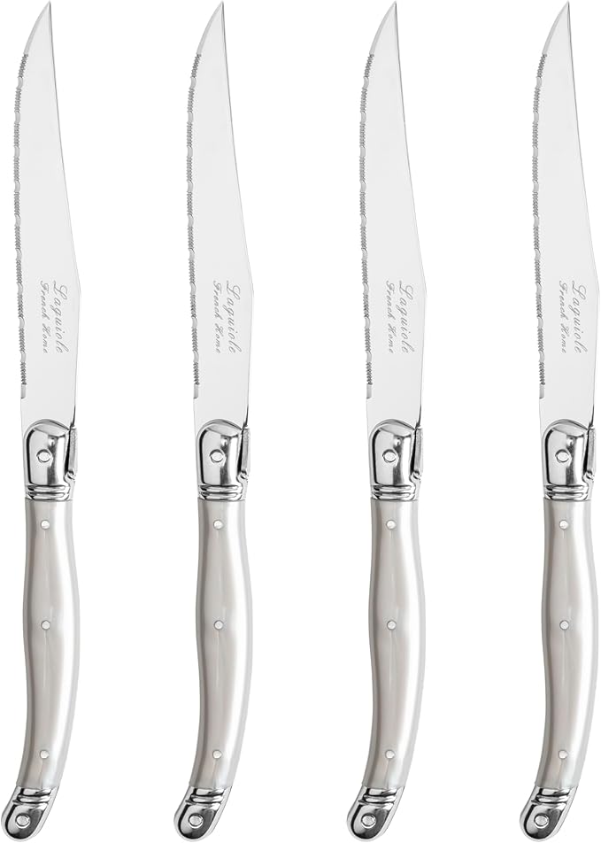 French Home Laguiole 4-Piece Steak Knife Set – Sophisticated Stainless Steel Dinner Knives with Pewter Handles & Iconic Bee Emblem – Serrated Knives for Smooth Cutting (9.25")