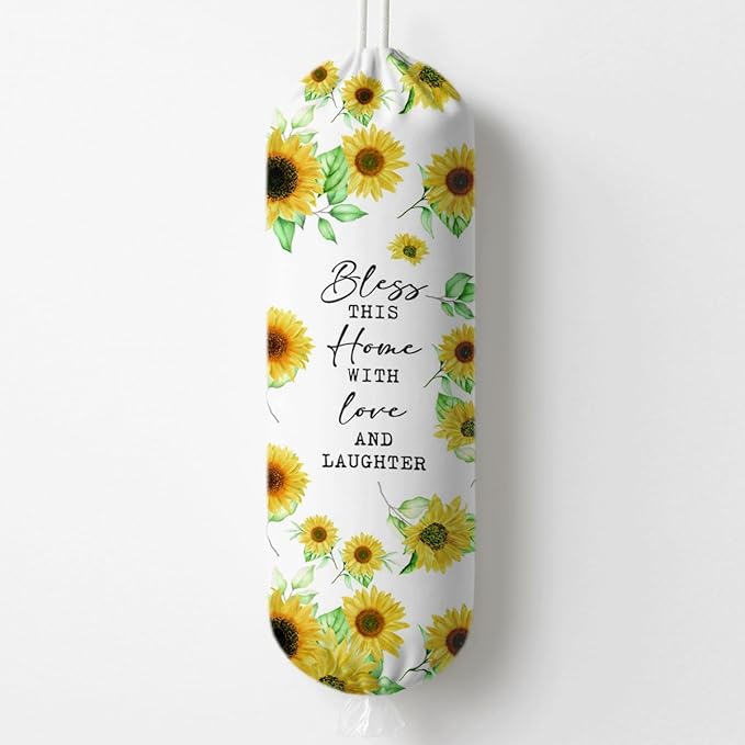 Sunflower Plastic Bag Holder, Bless This Home with Love And Laughter Plastic Bag Holder, Christian Inspirational Gift for Women Plastics Bags Holders with Bible Verses, Reusable Trash Bags Organizer