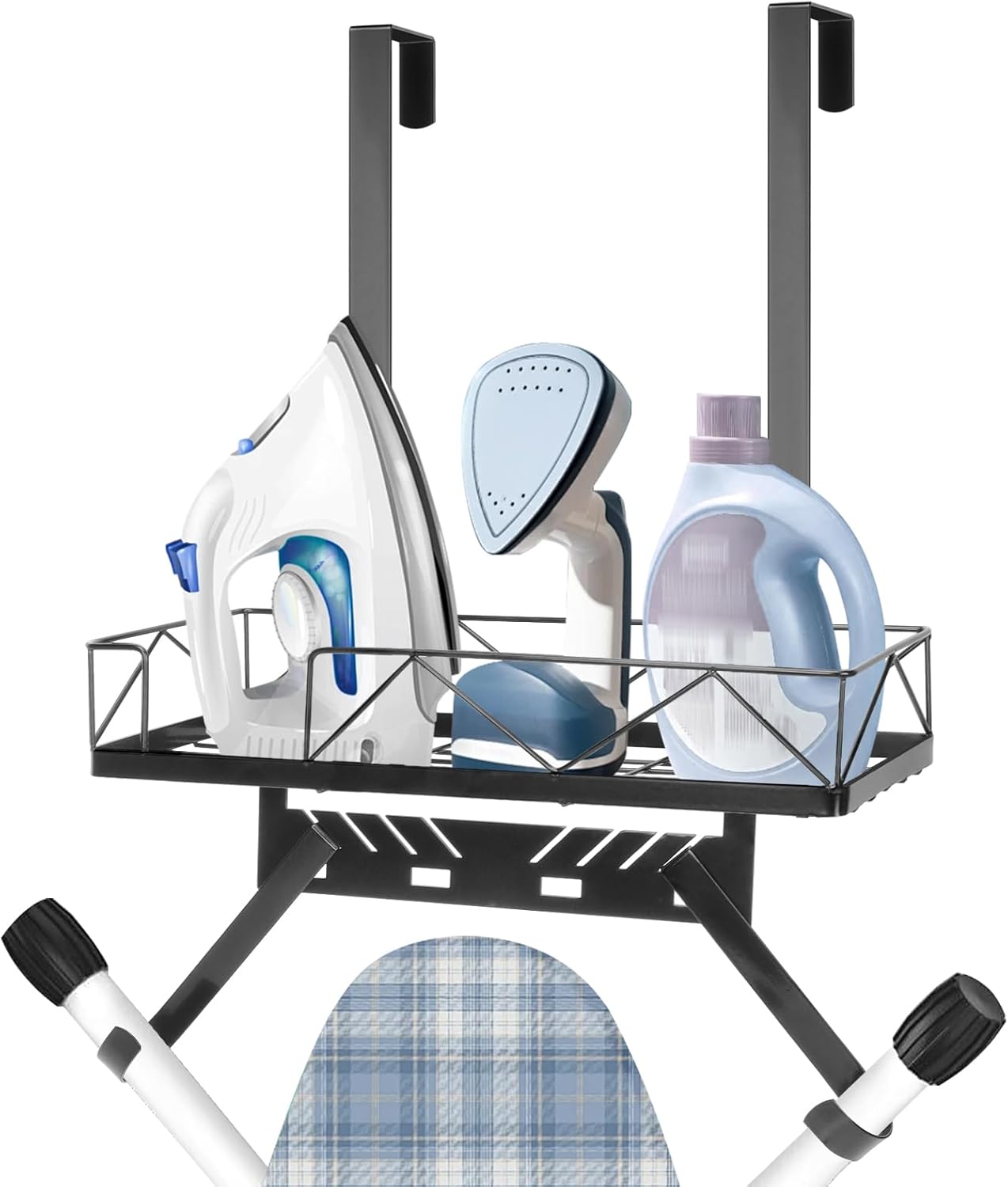 Ironing Board Hanger, Metal Over The Door or Wall Mounted Ironing Board Caddy, Ironing Board Storage Shelf with Adjustable Hooks for Laundry Room, Living Room, Bathroom (Matte Black)