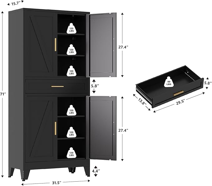 71" Pantry Cabinet in Black, with 4 Doors & Center Drawer, Max Organization Storage Cabinet with Adjustable Shelves, Freestanding Farmhouse Cupboard for Spacious Kitchen, Dining Room