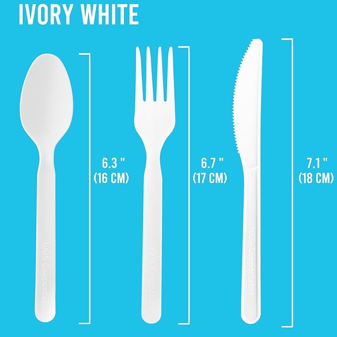 500 Count Compostable Disposable Non Plastic Silverware, Heavy Duty Biodegradable Forks Spoons Knives Cutlery Set, Eco Friendly Recyclable Flatware Utensils for Party Wedding Daily Use