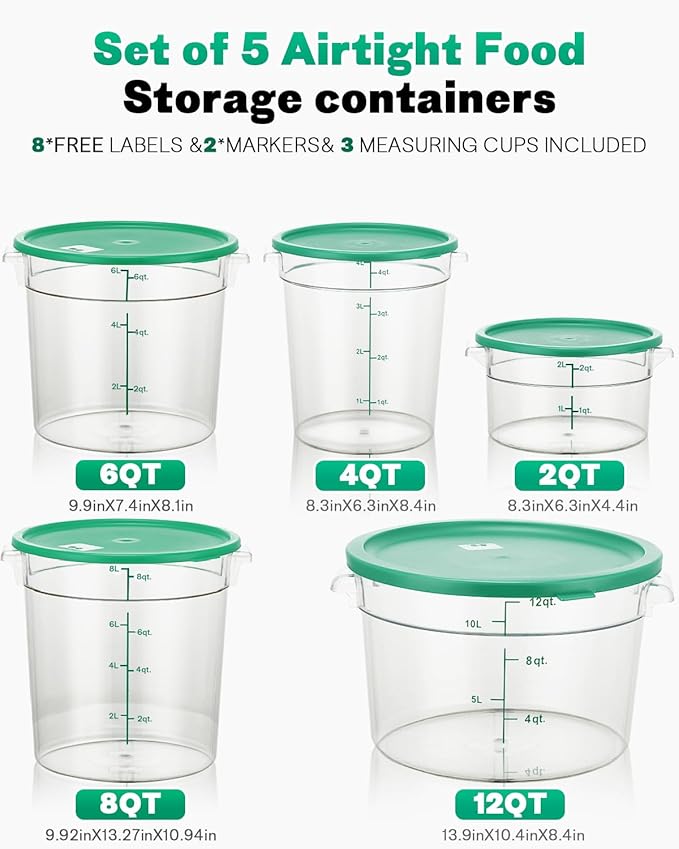 2QT NSF Round Food Storage Containers with Lids: 4 PCS [Total Food Grade][Hot&Cold Resistant] Dough Proofing Container for Pizza, Bread with Measuring Spoons Included(BPA FREE) (GREEN)