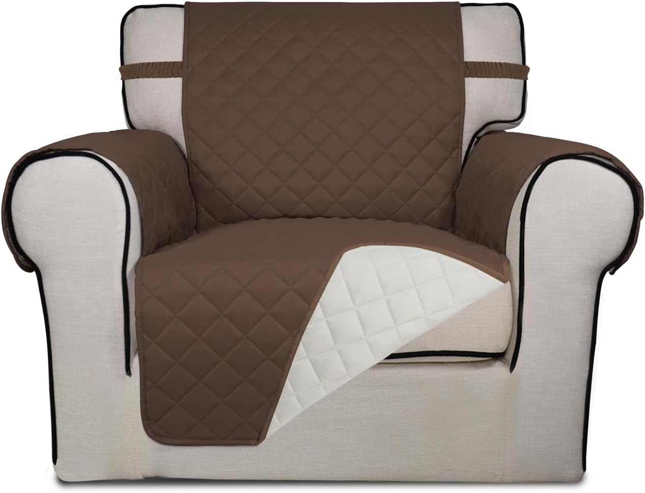 PureFit Reversible Quilted Sofa Cover, Water Resistant Slipcover Furniture Protector, Washable Couch Cover with Non Slip and Elastic Straps for Kids, Dogs, Pets (Chair, Coffee/Ivory)